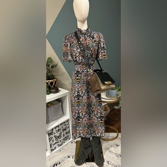 JULIA JORDAN Ruffle Mock Neck Floral Midi Dress, Short Flutter Sleeve, Size 6 - Picture 4 of 16